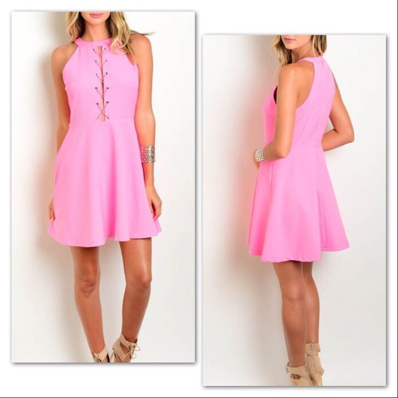 Rose Pink Lace Up Flare Dress - Picture 2 of 8